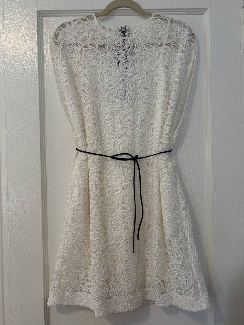 Alexander McQueen Ivory Lace Mini Dress with Black Leather Belt